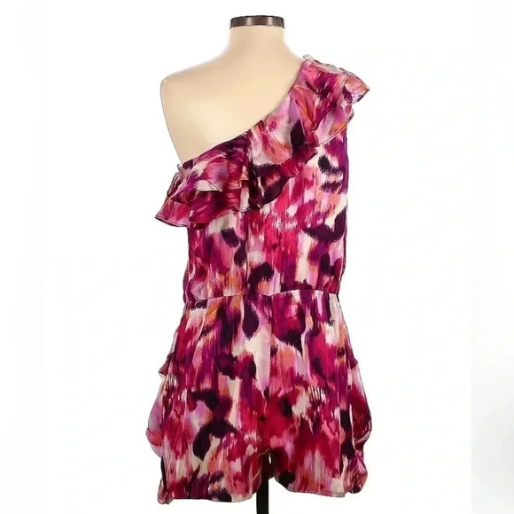 Bebe | 100% Silk One Shoulder Chic Garden Floral Watercolor Print Romper Size S - Picture 2 of 2